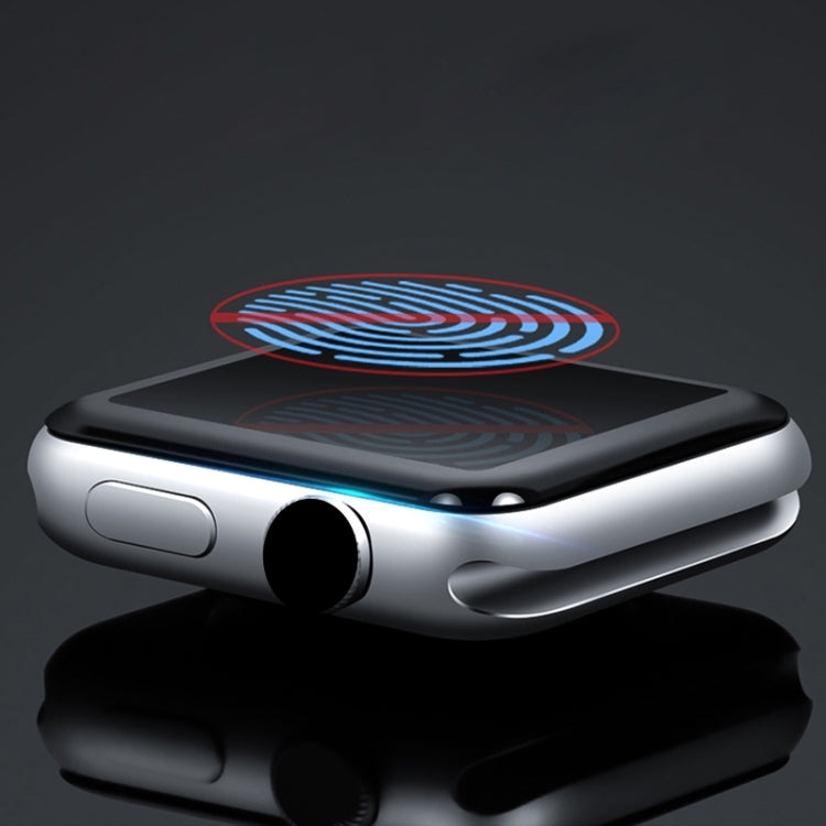 Tempered glass screen protector on silver Apple Watch, top view with cooling graphic