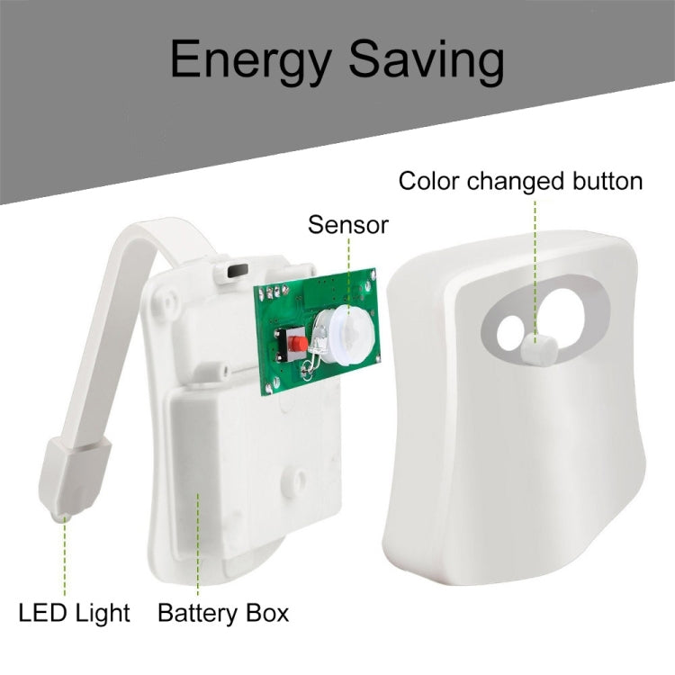 Motion-activated toilet nightlight with sensor, LED light, battery box, color button