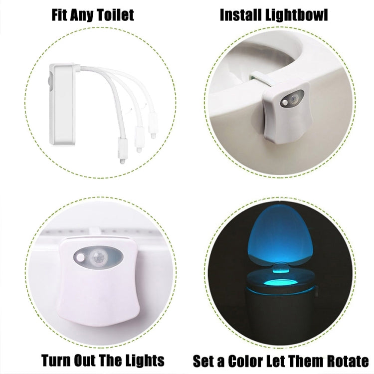 LED toilet nightlight kit showing installation and rotating color light operation