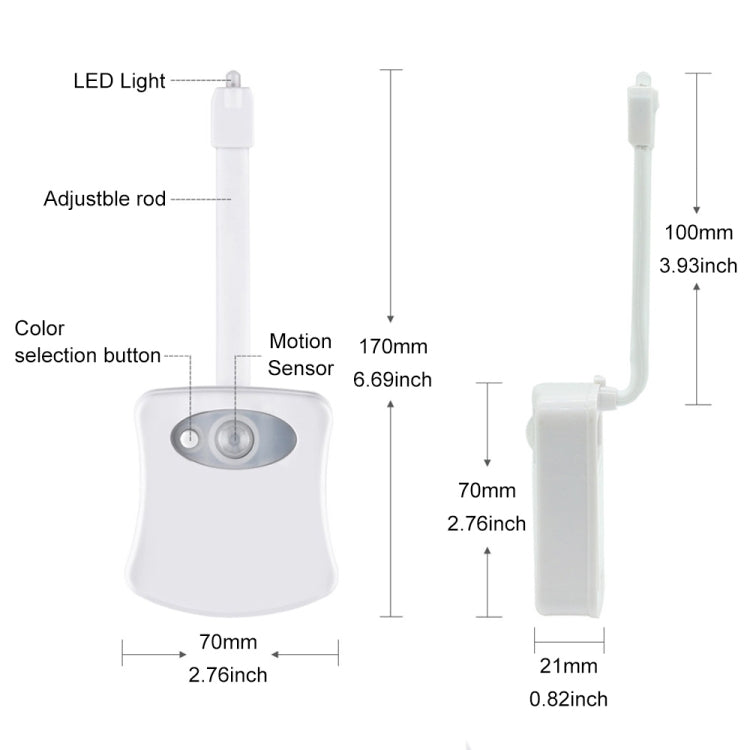 LED toilet nightlight dimensions: adjustable rod, motion sensor, and plug power unit