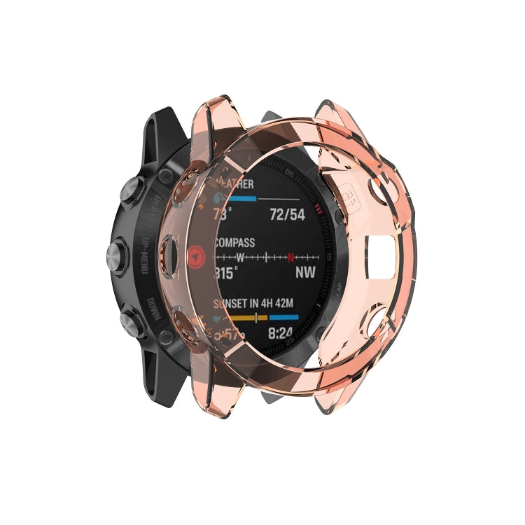 Transparent TPU watch case cover with orange ring detail for a Garmin-style smartwatch