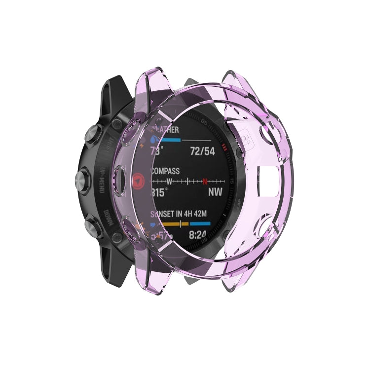 Transparent TPU watch case cover with purple ring detail for a Garmin-style smartwatch