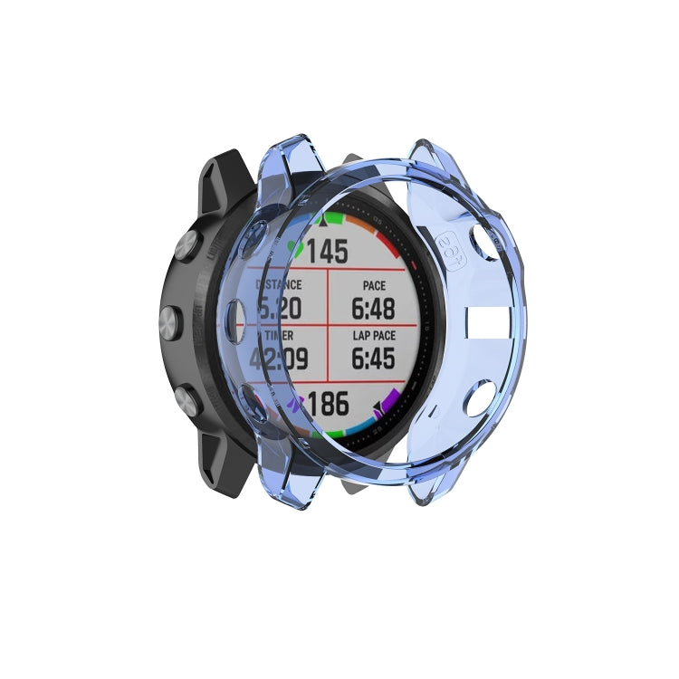 Transparent TPU watch case cover with blue ring detail for a Garmin-style smartwatch
