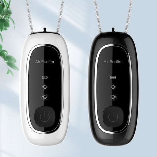 Neck-hanging portable air purifier, white and black units with hanging cords and control panels