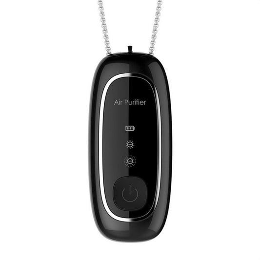 Neck-hanging portable air purifier, black rectangle body with control panel icons and lanyard