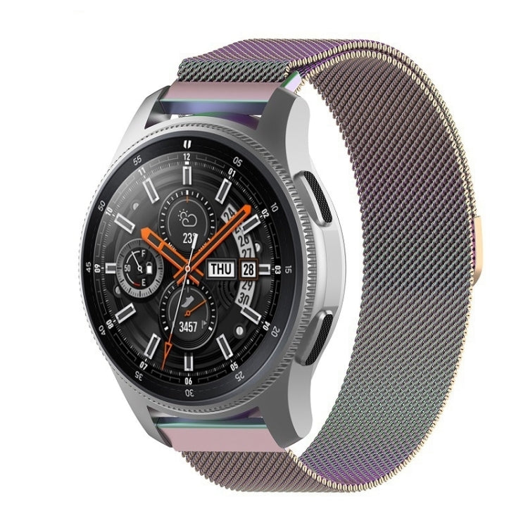 18mm Milan mesh watch band with mauve clasp and textured woven metal links.