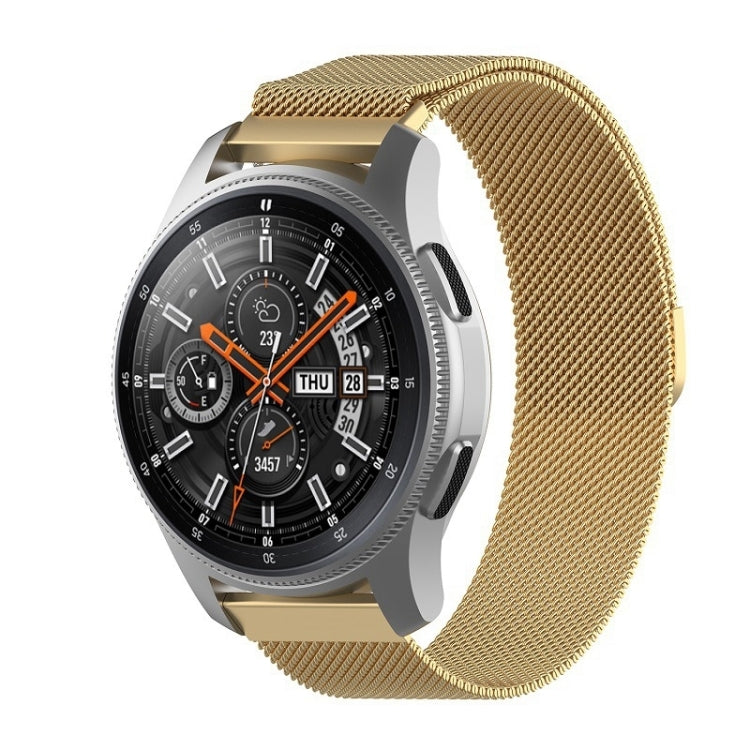 18mm Milan stainless steel mesh watch band with gold clasp and woven metal mesh.