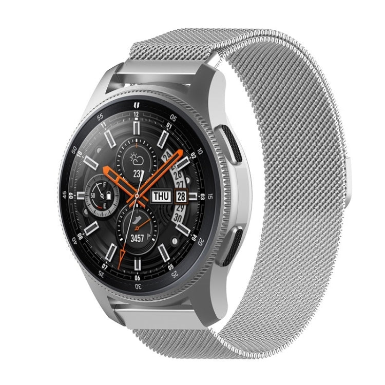 18mm Milan mesh watch band in silver tone with bar clasp and textured weave.