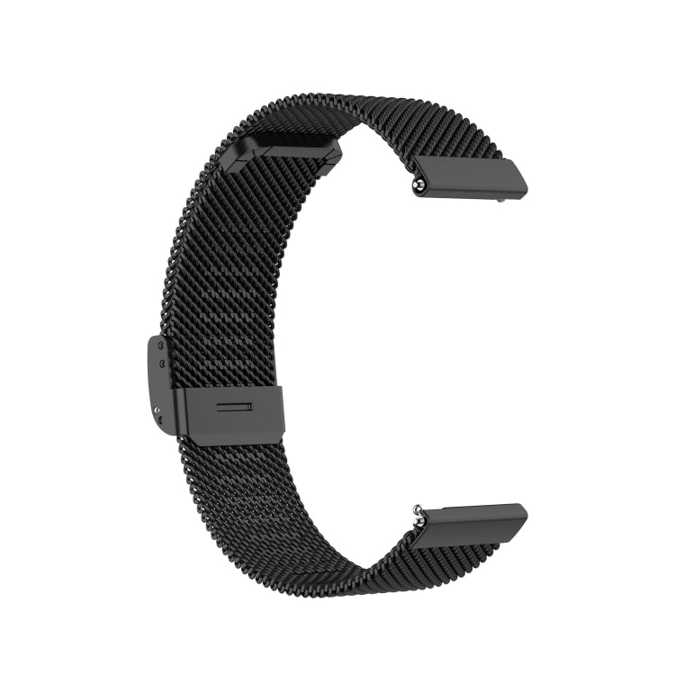 Black mesh watch strap with rectangular clasp and side adjustment tabs