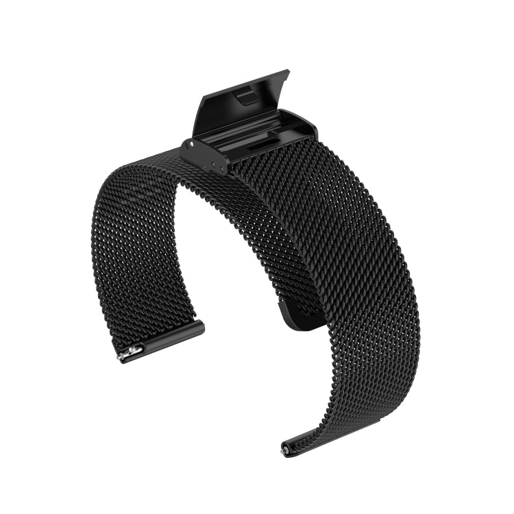 Black stainless steel mesh watch strap with open ends and clasp plate