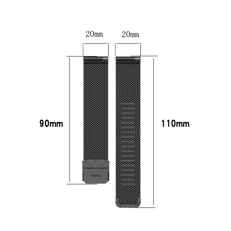 Black mesh watch strap sizing diagram showing 20mm width and lengths