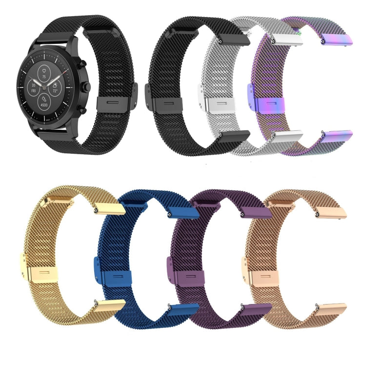 Mesh watch strap set in black, blue, purple, gold, and silver finishes