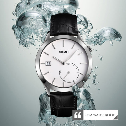 SKMEI men's wristwatch with silver case, white dial, black leather strap