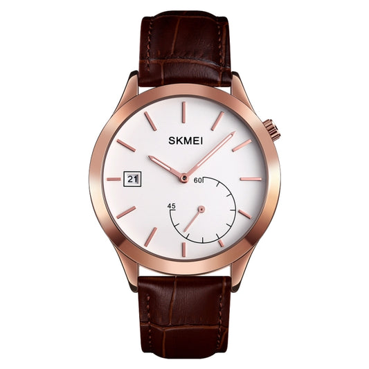 SKMEI men's wristwatch with rose gold case, white dial, brown leather strap
