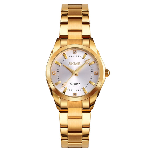 Gold-tone stainless steel wristwatch with white dial, rhinestone markers, quartz movement