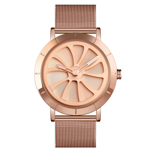 Rose gold skeleton dial rotating quartz watch with mesh metal band