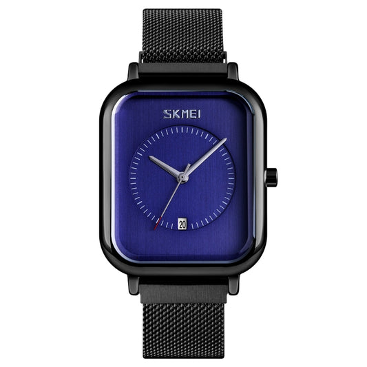 SKMEI square quartz watch with blue dial, silver bezel, black magnetic mesh strap