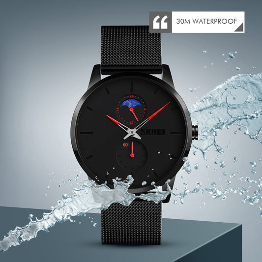 Skmei men's quartz watch with black dial, red accents, subdial, and black mesh strap
