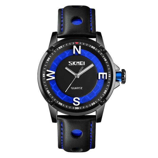 SKMEI men’s sports quartz watch with black case, blue dial, and leather strap with blue stitching
