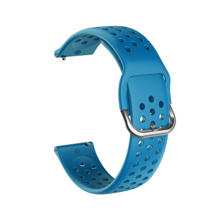 Breathable porous silicone watch strap with inner buckle, sky blue, perforated holes