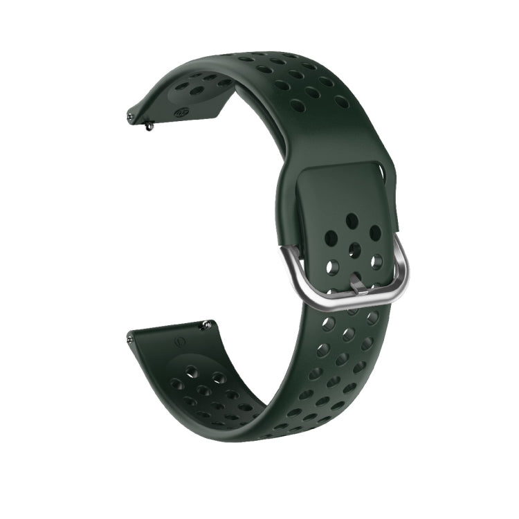 Breathable porous silicone watch strap with inner buckle, dark green, perforated holes
