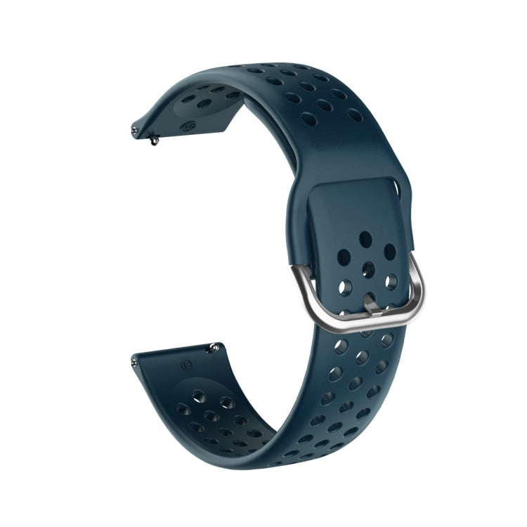 Breathable porous silicone watch strap with inner buckle, blue, perforated ventilation holes