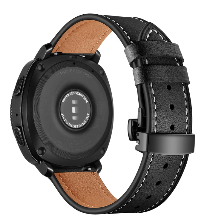 Black leather watch strap with butterfly buckle and perforated holes