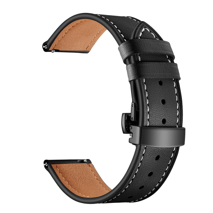 Black leather watch strap with butterfly buckle and stitched perforated holes