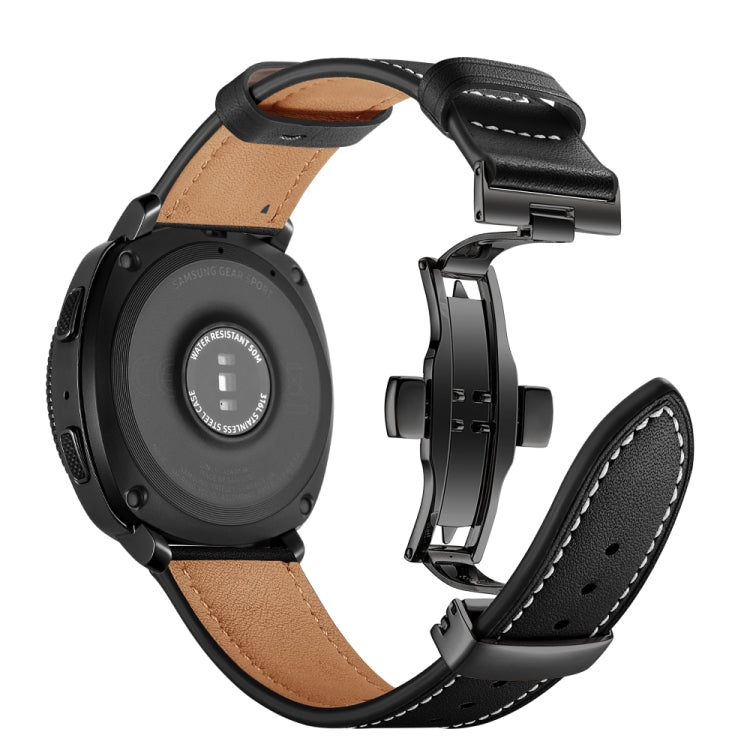 Black leather watch strap with butterfly buckle, stitched edges, and side profile