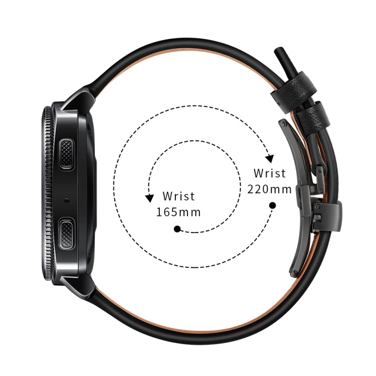 Black leather watch strap with butterfly buckle and perforated sizing holes