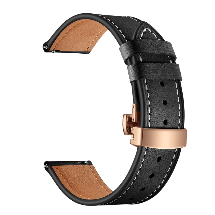 Leather watch strap with butterfly buckle, black with rose gold-tone clasp (side view)