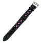 Black leather watch strap with pink polka dots and silver buckle, single band