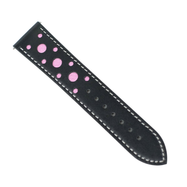 Black leather watch strap with pink polka dots and stitched edges, no buckle shown