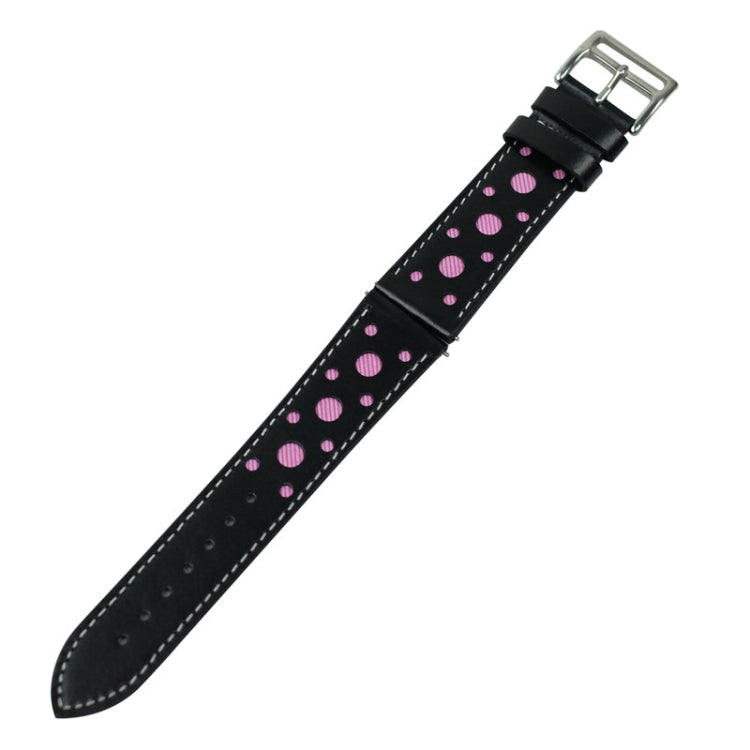 Black leather watch strap with pink polka dots and silver metal buckle, long band