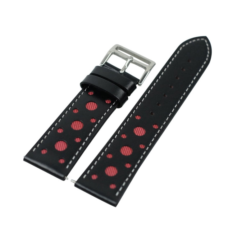 Black leather watch strap with red polka dots and silver metal buckle