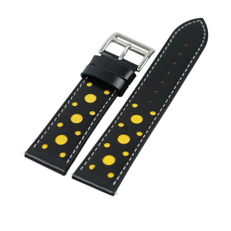 Black leather watch strap with yellow polka dots and silver metal buckle