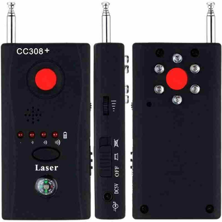 CC308+ mini laser signal detector with red indicator lights and raised antenna