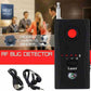 Mini laser signal detector device with red power button, speaker grid, and antenna