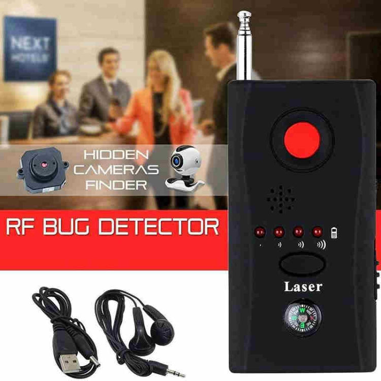 Mini laser signal detector device with red power button, speaker grid, and antenna