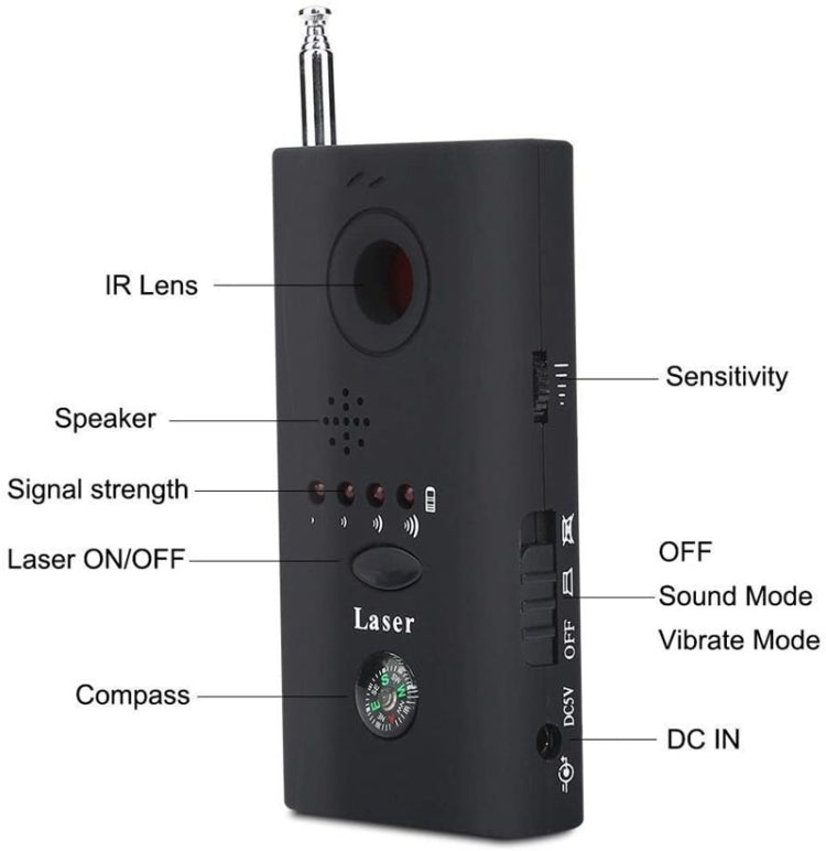 CC308+ laser signal detector back view with speaker grid and labeled controls