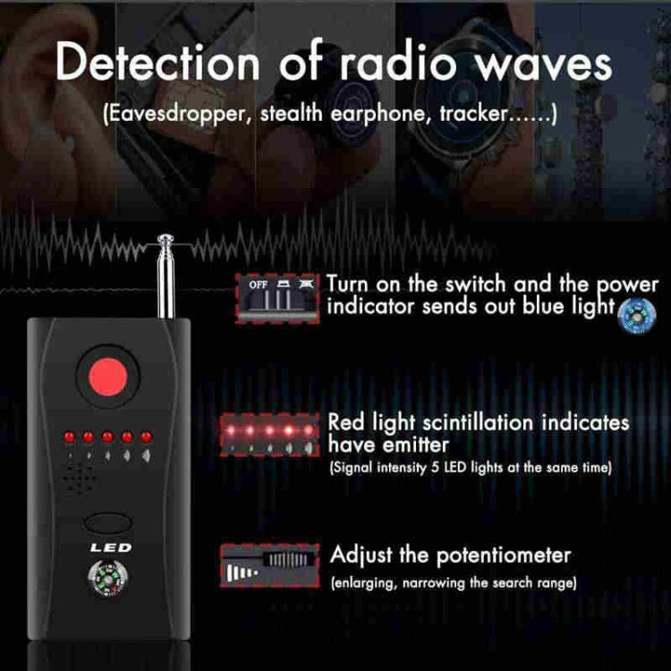 Mini laser signal detector with red button and LED indicator lights on front panel