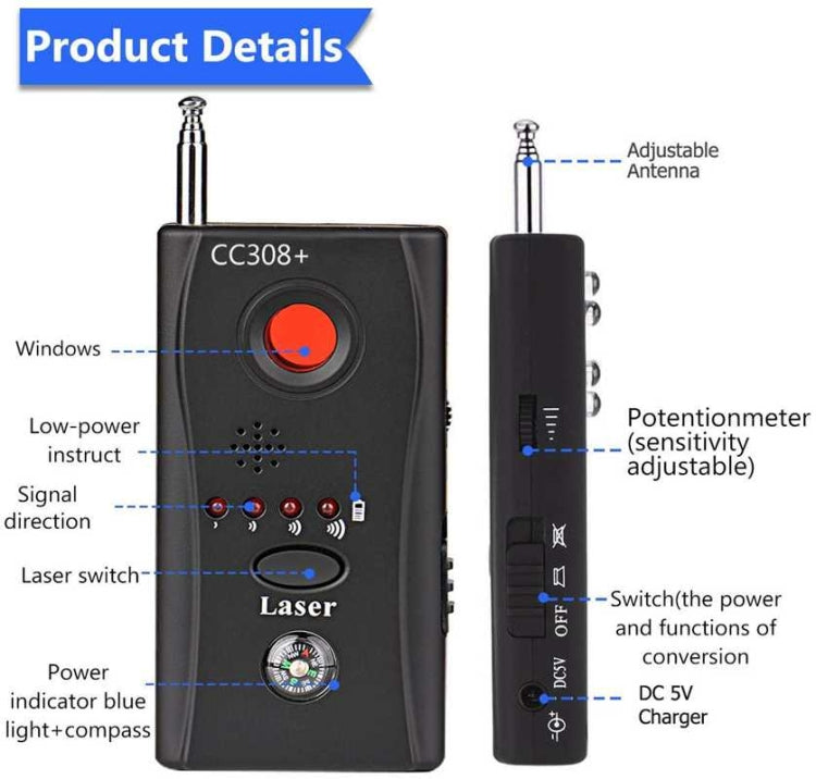 CC308+ laser detector with labeled features, adjustable antenna, and blue light switch