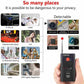Handheld CC308+ mini laser signal detector with red circular power button and antenna