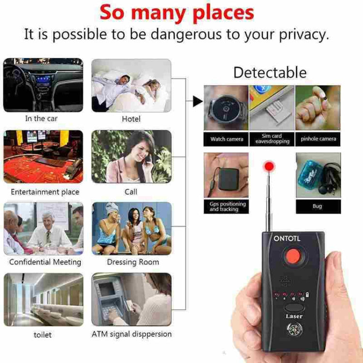 Handheld CC308+ mini laser signal detector with red circular power button and antenna
