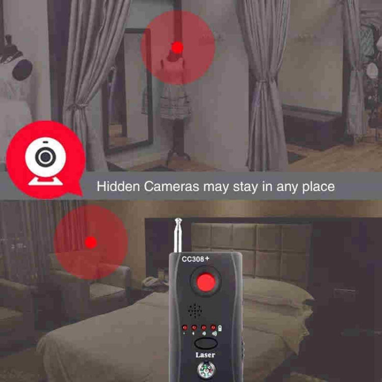 CC308+ mini laser signal detector with red power button and antenna for scanning