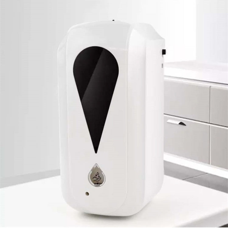 Wall-mounted touchless sanitizer dispenser, white housing with black droplet sensor