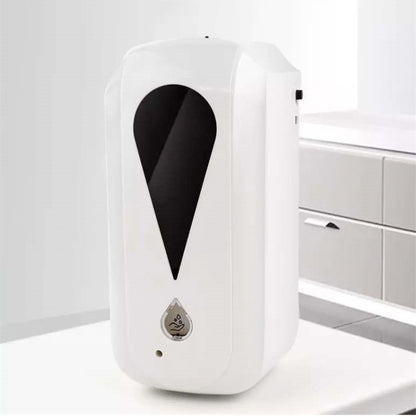 Wall-mounted touchless sanitizer dispenser, white housing with black droplet sensor