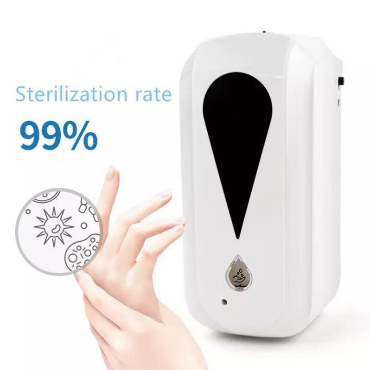 Wall-mounted touchless sanitizer dispenser, white body with black droplet sensor and hand