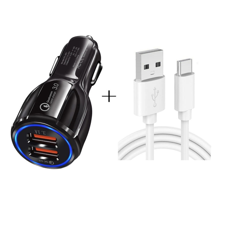 Black dual-USB car charger with QC 3.0 ports and white Type-C charging cables