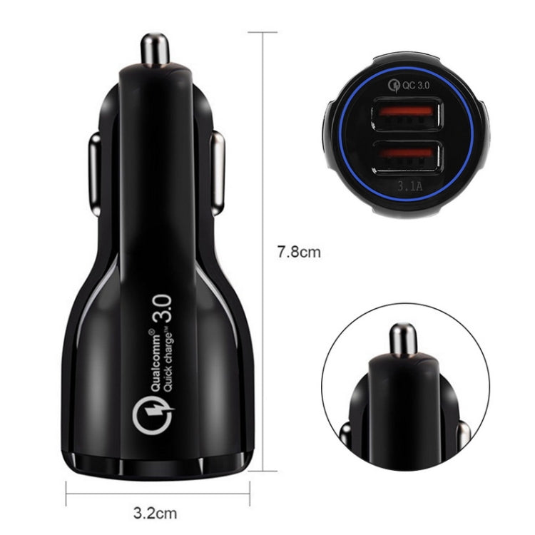 Black dual-USB car charger adapter with QC 3.0 port and compact design